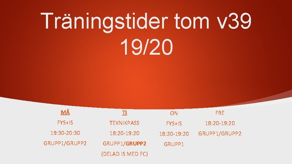 Träningstider tom v 39 19/20 MÅ TI ON FRE FYS+IS TEKNIKPASS FYS+IS 18: 20