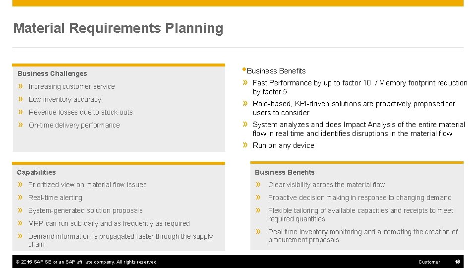 Material Requirements Planning Business Challenges » » Increasing customer service Low inventory accuracy Revenue