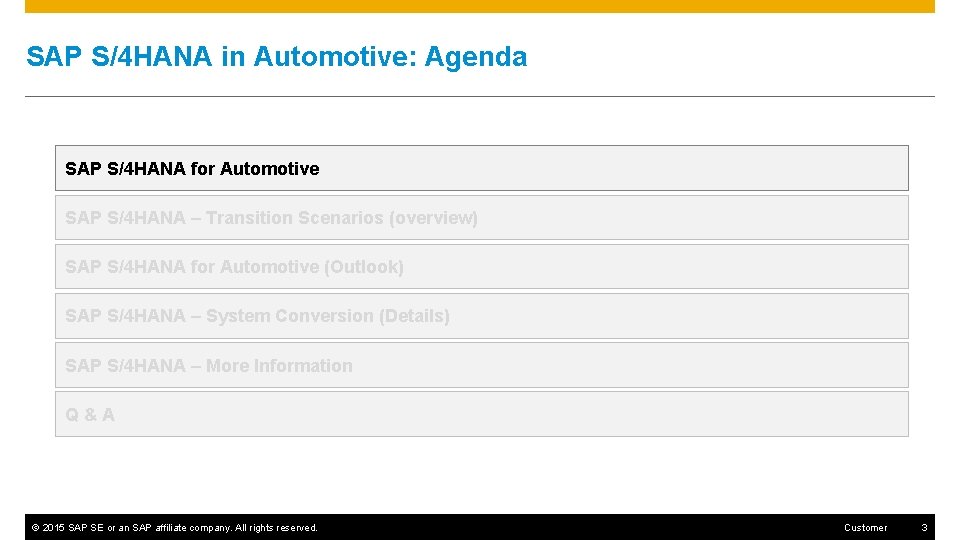 SAP S/4 HANA in Automotive: Agenda SAP S/4 HANA for Automotive SAP S/4 HANA