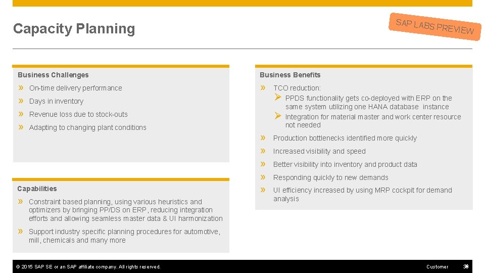 SAP LAB Capacity Planning S PREVIE Business Challenges Business Benefits » » » TCO