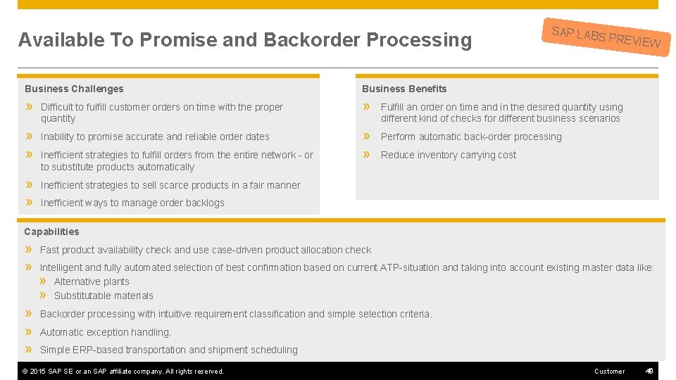 Available To Promise and Backorder Processing SAP LAB S PREVIE Business Challenges Business Benefits