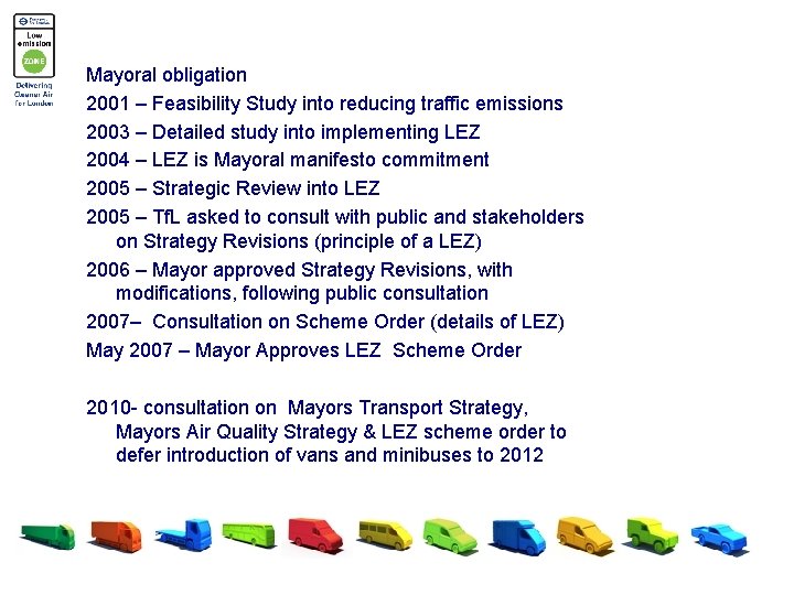 Mayoral obligation 2001 – Feasibility Study into reducing traffic emissions 2003 – Detailed study