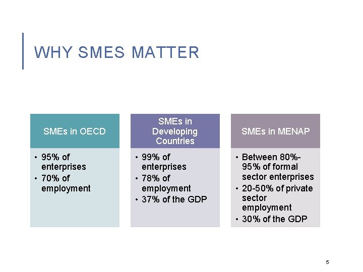 WHY SMES MATTER SMEs in OECD • 95% of enterprises • 70% of employment
