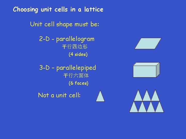 Choosing unit cells in a lattice Unit cell shape must be: 2 -D -
