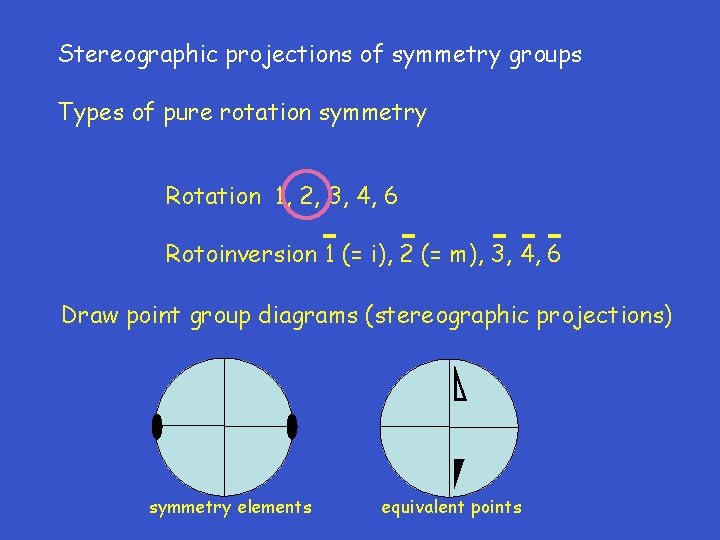 Stereographic projections of symmetry groups Types of pure rotation symmetry Rotation 1, 2, 3,