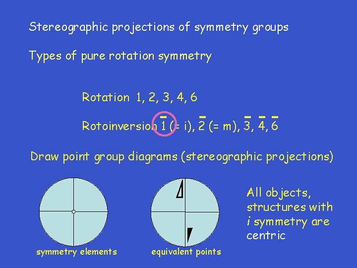 Stereographic projections of symmetry groups Types of pure rotation symmetry Rotation 1, 2, 3,