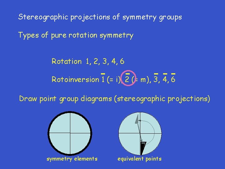 Stereographic projections of symmetry groups Types of pure rotation symmetry Rotation 1, 2, 3,