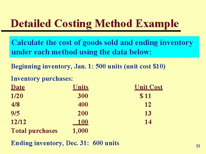 Detailed Costing Method Example Calculate the cost of goods sold and ending inventory under