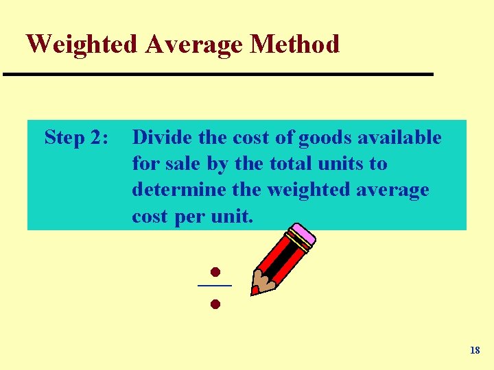 Weighted Average Method Step 2: Divide the cost of goods available for sale by