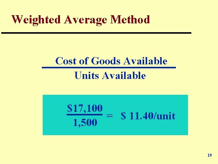 Weighted Average Method Cost of Goods Available Units Available $17, 100 = $ 11.