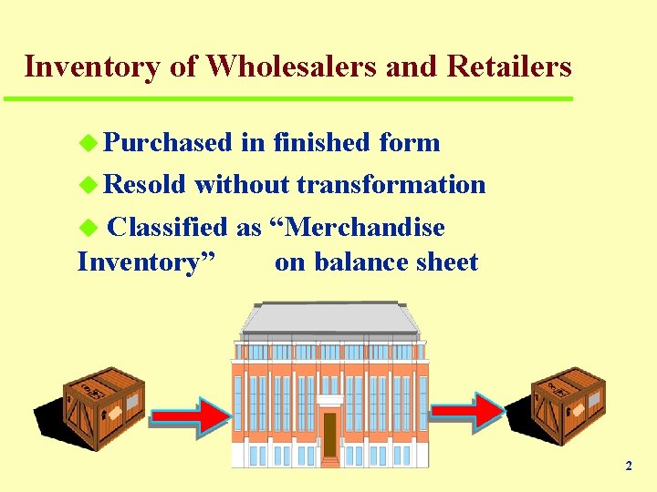 Inventory of Wholesalers and Retailers u Purchased in finished form u Resold without transformation