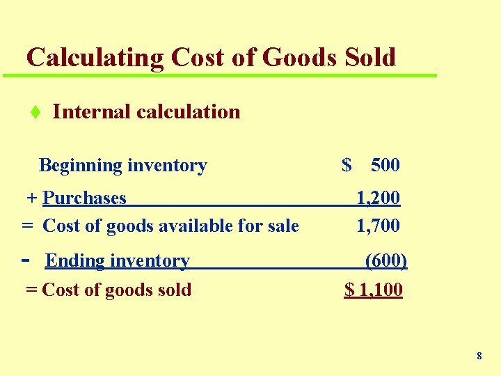 Calculating Cost of Goods Sold t Internal calculation Beginning inventory + Purchases = Cost