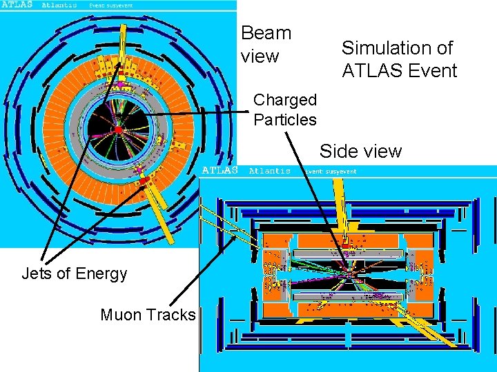 Beam view Simulation of ATLAS Event Charged Particles Side view Jets of Energy Muon