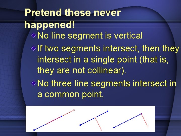 Pretend these never happened! No line segment is vertical If two segments intersect, then