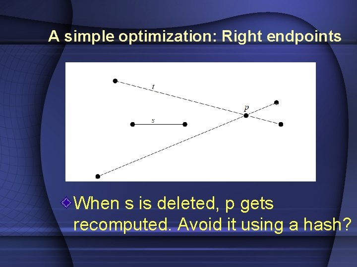 A simple optimization: Right endpoints When s is deleted, p gets recomputed. Avoid it