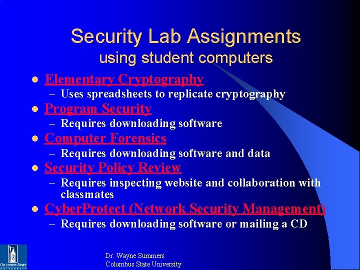 Security Lab Assignments using student computers l Elementary Cryptography – Uses spreadsheets to replicate Security Lab Assignments using student computers l Elementary Cryptography – Uses spreadsheets to replicate