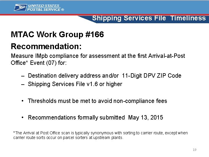 Shipping Services File Timeliness MTAC Work Group #166 Recommendation: Measure IMpb compliance for assessment