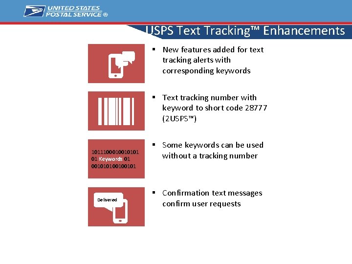 USPS Text Tracking™ Enhancements § New features added for text tracking alerts with corresponding