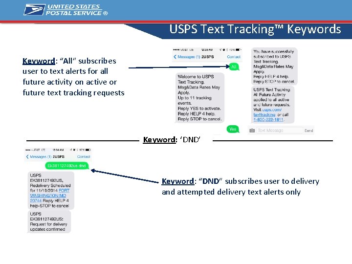 USPS Text Tracking™ Keywords Keyword: “All” subscribes user to text alerts for all future
