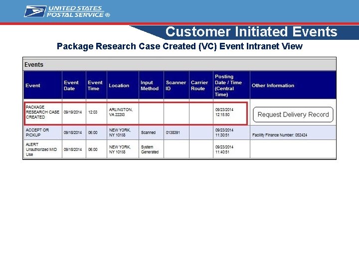 Customer Initiated Events Package Research Case Created (VC) Event Intranet View 