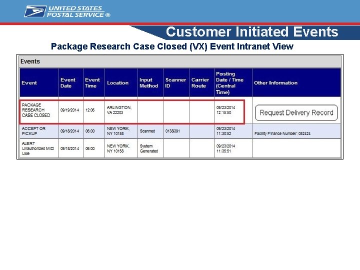 Customer Initiated Events Package Research Case Closed (VX) Event Intranet View 