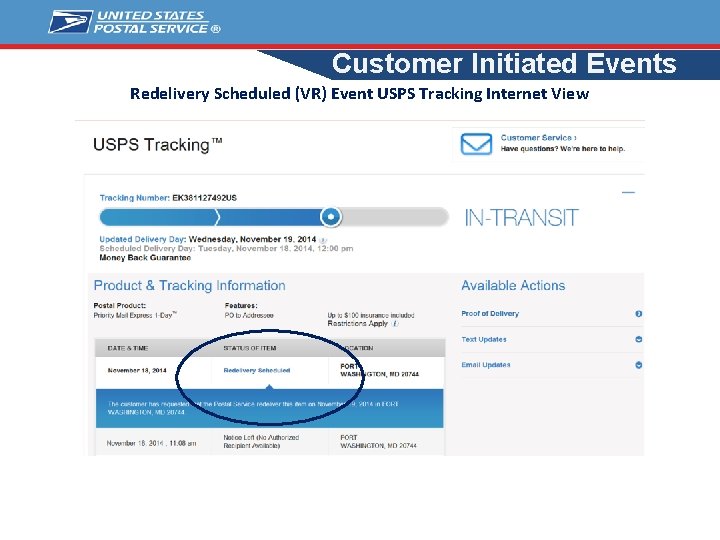 Customer Initiated Events Redelivery Scheduled (VR) Event USPS Tracking Internet View 9481710123456780 