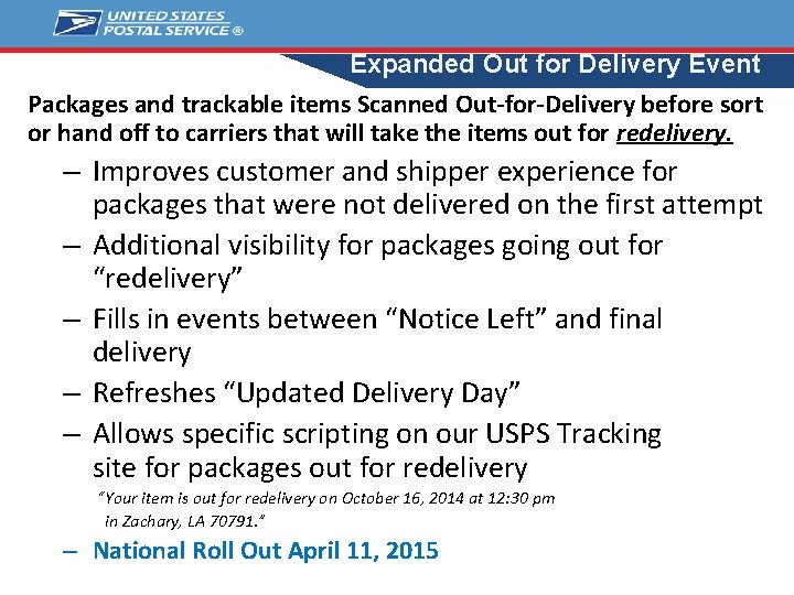 Expanded Out for Delivery Event Packages and trackable items Scanned Out-for-Delivery before sort or