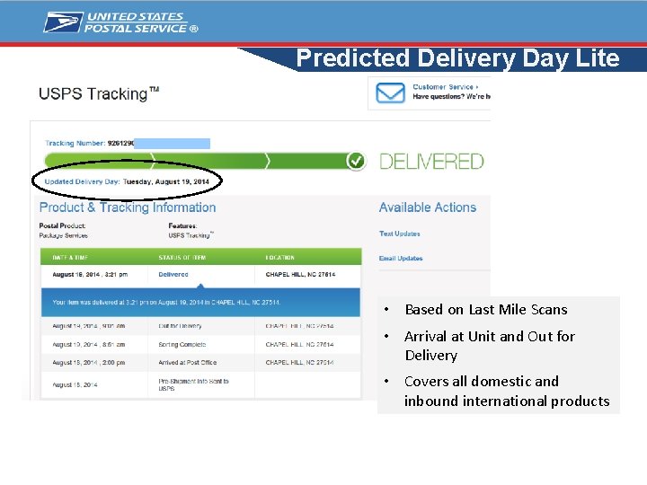 Predicted Delivery Day Lite • Based on Last Mile Scans • Arrival at Unit