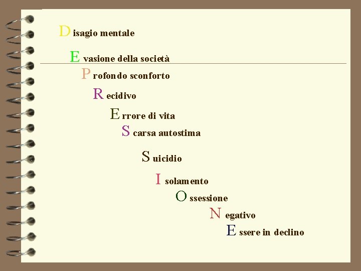 D isagio mentale E vasione della società P rofondo sconforto R ecidivo E rrore D isagio mentale E vasione della società P rofondo sconforto R ecidivo E rrore