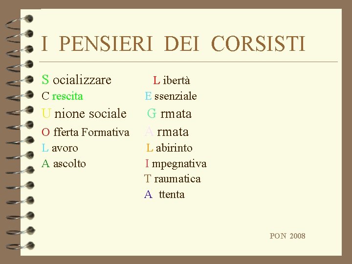 I PENSIERI DEI CORSISTI S ocializzare C rescita U nione sociale O fferta Formativa I PENSIERI DEI CORSISTI S ocializzare C rescita U nione sociale O fferta Formativa