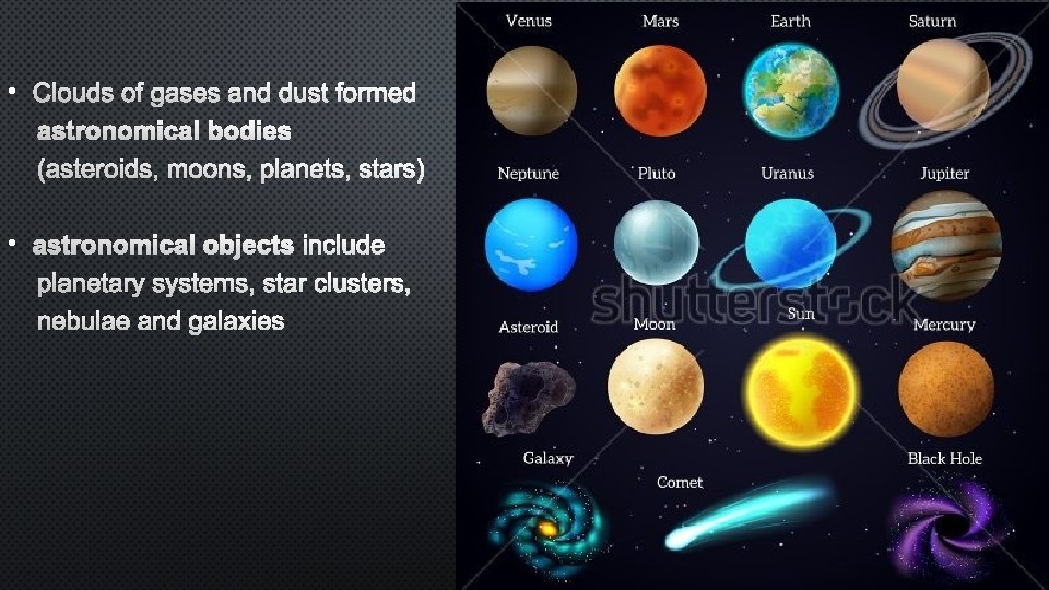  • Clouds of gases and dust formed astronomical bodies (asteroids, moons, planets, stars)