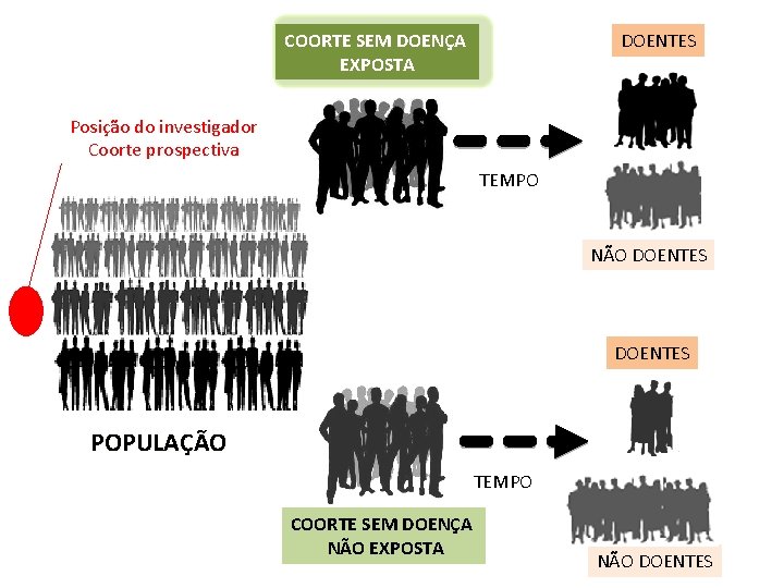 COORTE SEM DOENÇA EXPOSTA DOENTES Posição do investigador Coorte prospectiva TEMPO NÃO DOENTES POPULAÇÃO