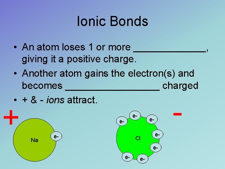 Ionic Bonds • An atom loses 1 or more _______, giving it a positive