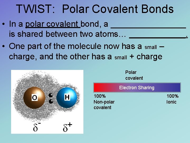 TWIST: Polar Covalent Bonds • In a polar covalent bond, a ________ is shared