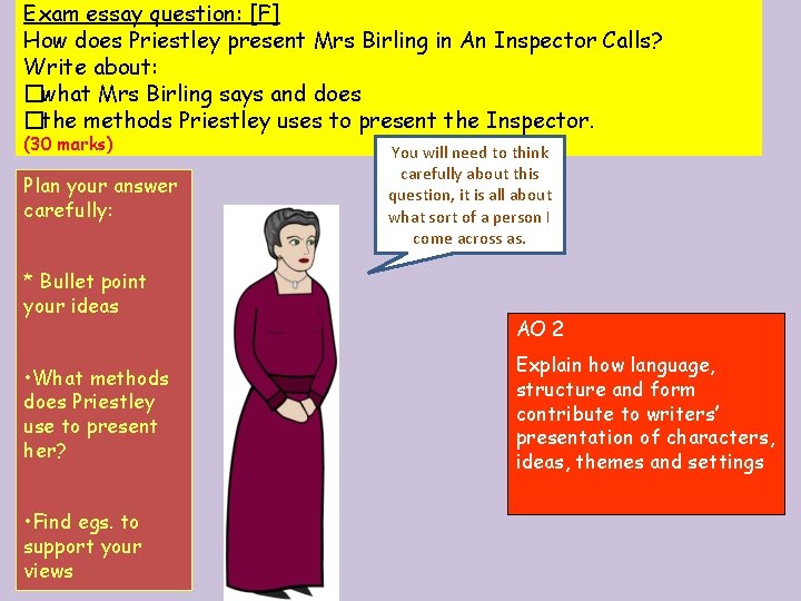Exam essay question: [F] How does Priestley present Mrs Birling in An Inspector Calls?