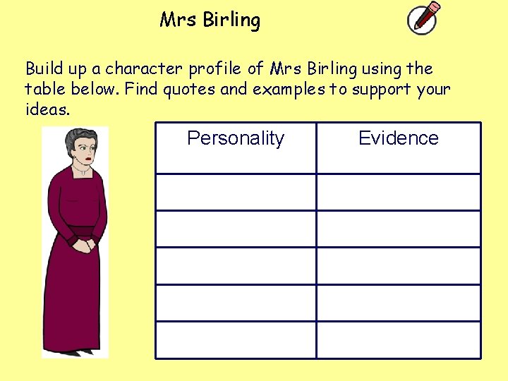 Mrs Birling Build up a character profile of Mrs Birling using the table below.