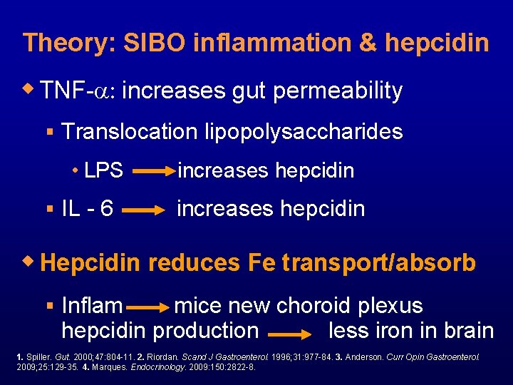 Theory: SIBO inflammation & hepcidin w TNF-a: increases gut permeability § Translocation lipopolysaccharides •