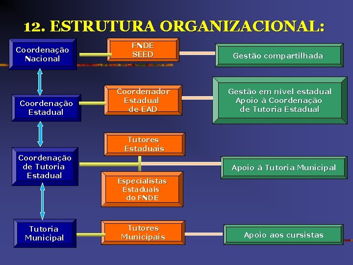 12. ESTRUTURA ORGANIZACIONAL: Coordenação Nacional Coordenação Estadual Coordenação de Tutoria Estadual Tutoria Municipal FNDE