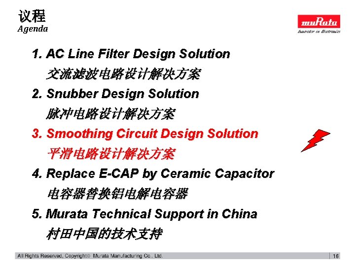 议程 Agenda 1. AC Line Filter Design Solution 交流滤波电路设计解决方案 2. Snubber Design Solution 脉冲电路设计解决方案