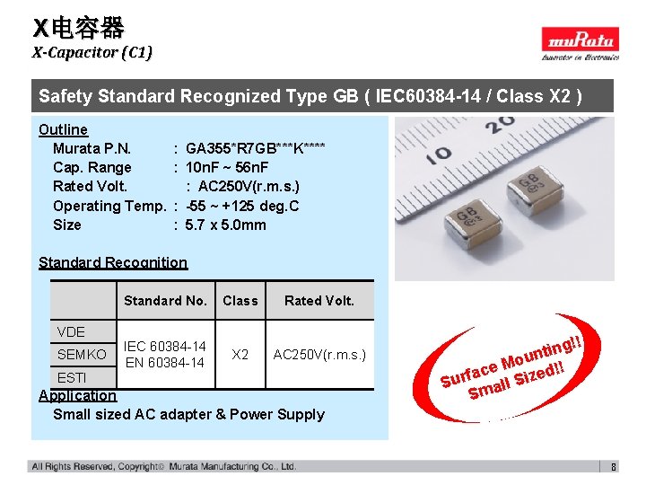 X电容器 X-Capacitor (C 1) Safety Standard Recognized Type GB ( IEC 60384 -14 /