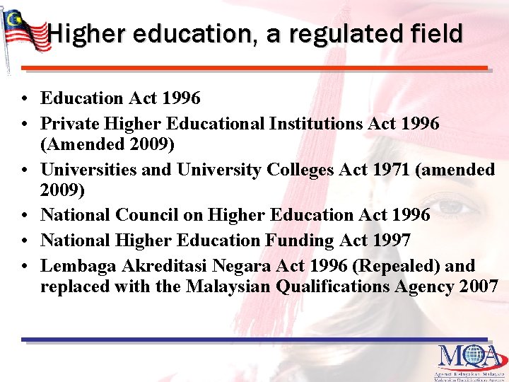 Higher education, a regulated field • Education Act 1996 • Private Higher Educational Institutions Higher education, a regulated field • Education Act 1996 • Private Higher Educational Institutions