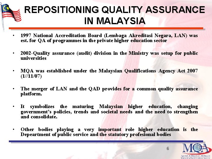 REPOSITIONING QUALITY ASSURANCE IN MALAYSIA • 1997 National Accreditation Board (Lembaga Akreditasi Negara, LAN)