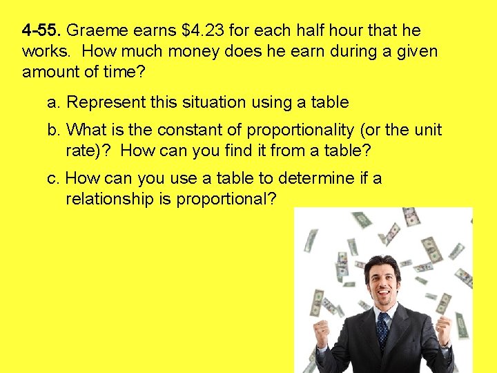 4 -55. Graeme earns $4. 23 for each half hour that he works. How