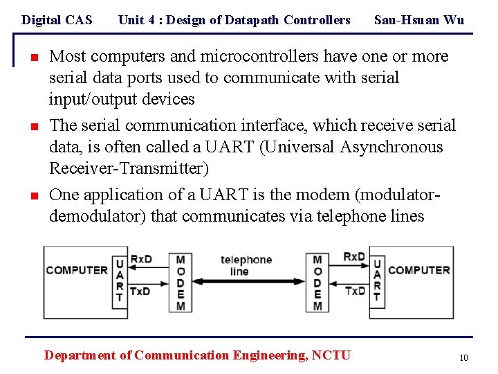 Digital CAS n n n Unit 4 : Design of Datapath Controllers Sau-Hsuan Wu