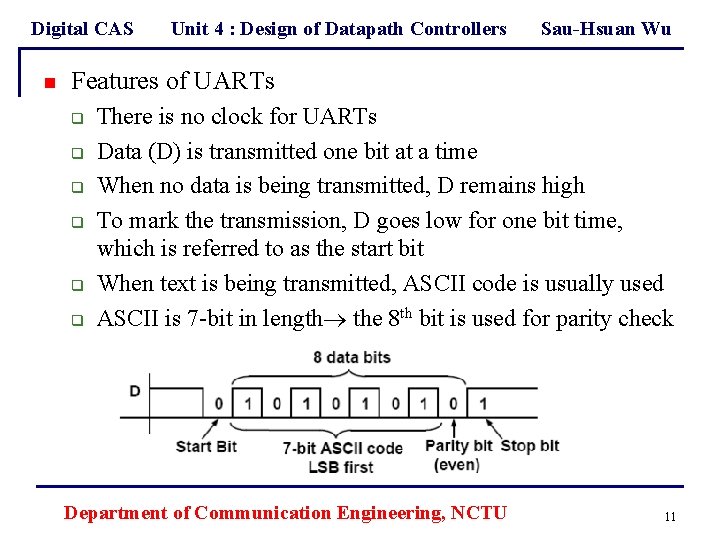 Digital CAS n Unit 4 : Design of Datapath Controllers Sau-Hsuan Wu Features of