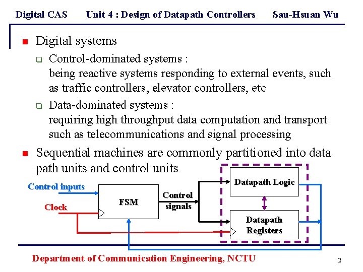 Digital CAS n Sau-Hsuan Wu Digital systems q q n Unit 4 : Design