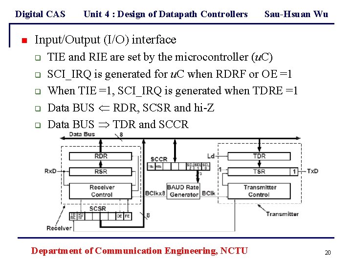 Digital CAS n Unit 4 : Design of Datapath Controllers Sau-Hsuan Wu Input/Output (I/O)