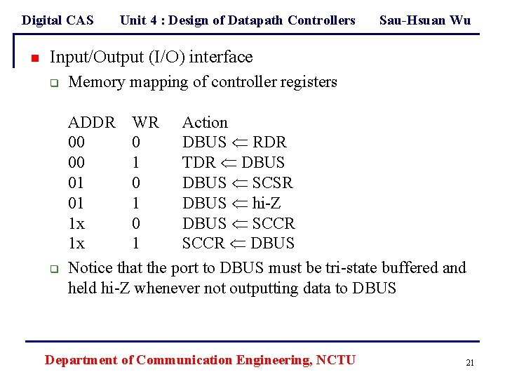 Digital CAS n Unit 4 : Design of Datapath Controllers Sau-Hsuan Wu Input/Output (I/O)