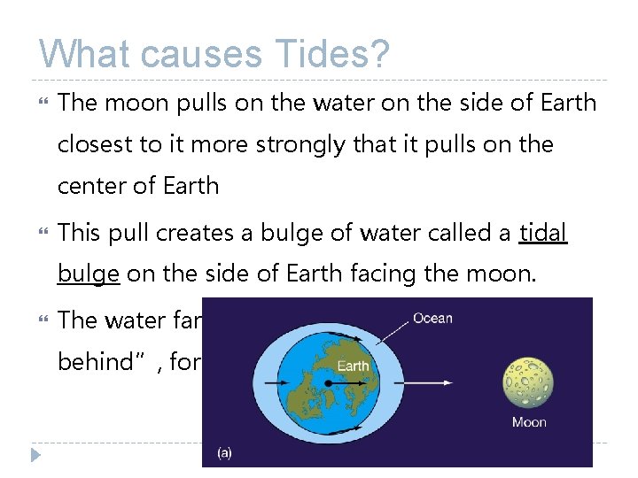 What causes Tides? The moon pulls on the water on the side of Earth What causes Tides? The moon pulls on the water on the side of Earth
