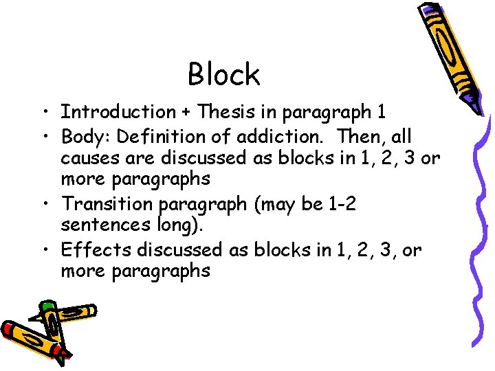 Block • Introduction + Thesis in paragraph 1 • Body: Definition of addiction. Then,